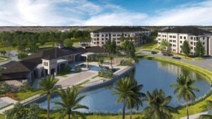 aerial rendering of community building and lake in front of multifamily homes at aston park by kimaya