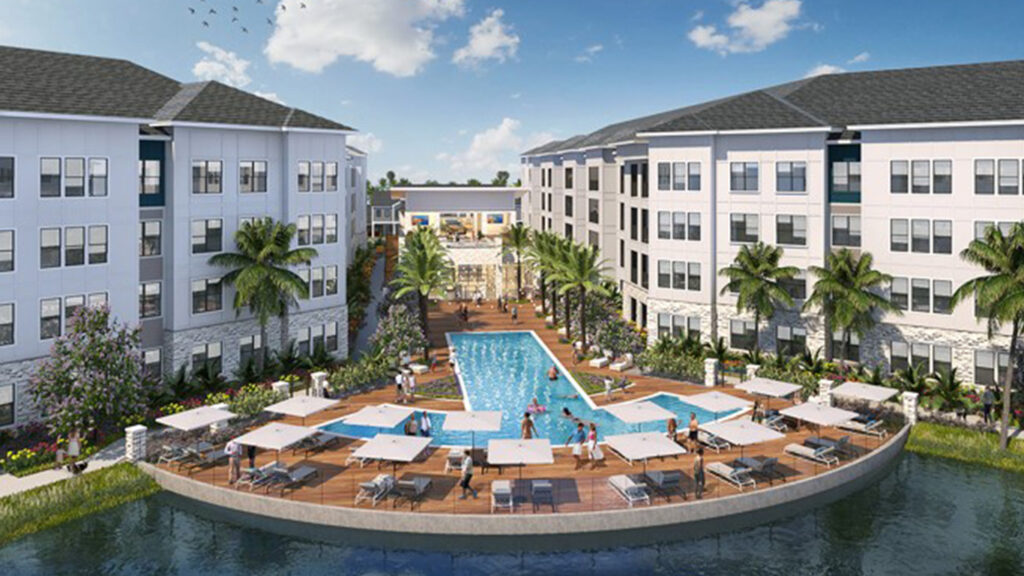 rendering of pool on a lake surrounded by apartments at aston square in kissimmee florida by kimaya
