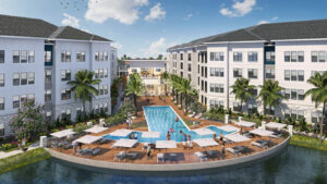 rendering of pool on a lake surrounded by apartments at aston square in kissimmee florida by kimaya