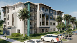 rendering of palm trees in front of apartments at horizon vue at horizon west by kimaya