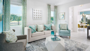 photo of relaxing blue and white living room at valencia isle in orlando florida